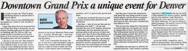 Downtown Grand Prix a unique event for Denver - newspaper article